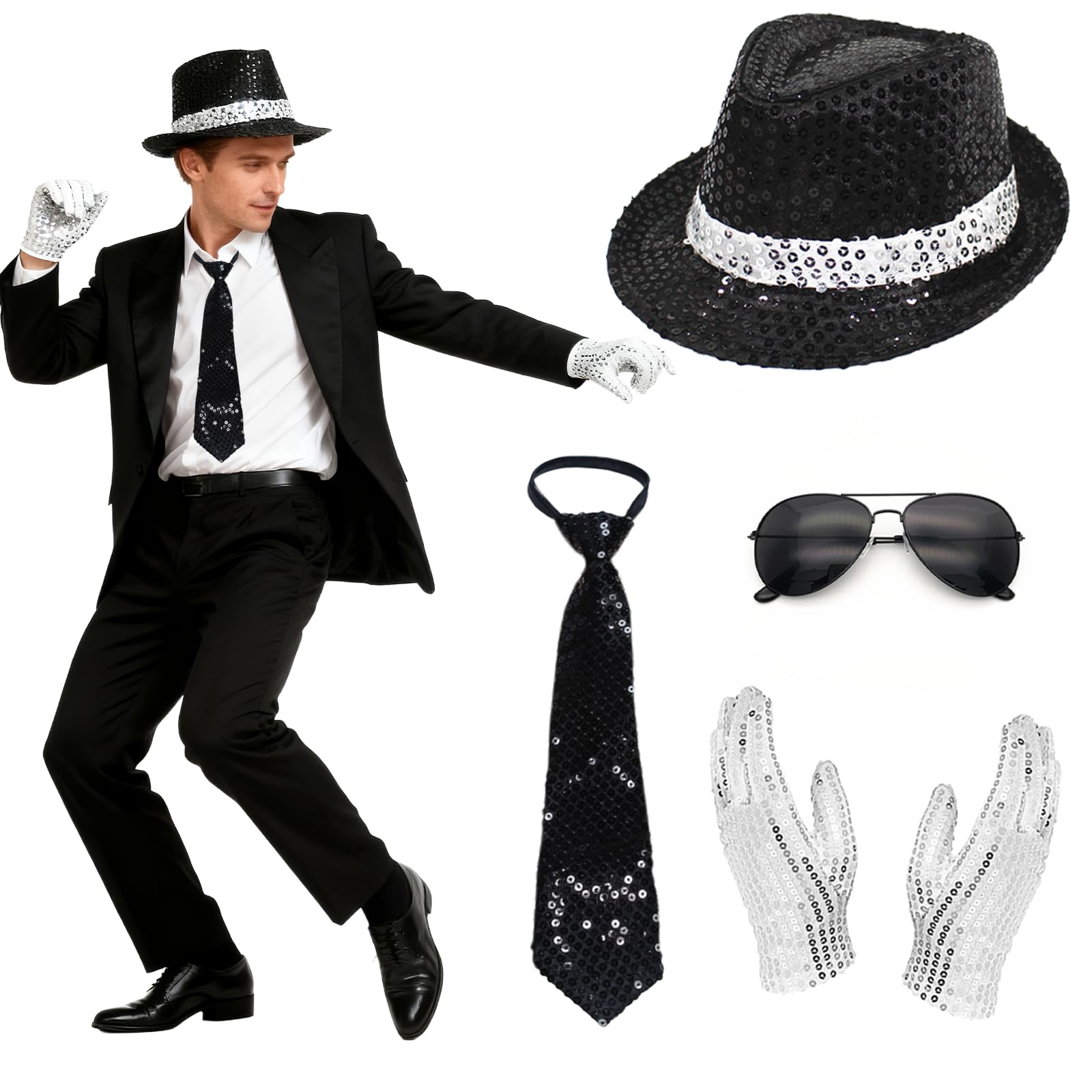 4 Pcs Michael Costume Accessories, 80s Dancer Rocker Star Cosplay Set with Jazz Sequin Hat Gloves Glitter Tie Sunglasses King of Pop Fancy Dress Set for Adults Teenager Carnival Halloween 80s Party