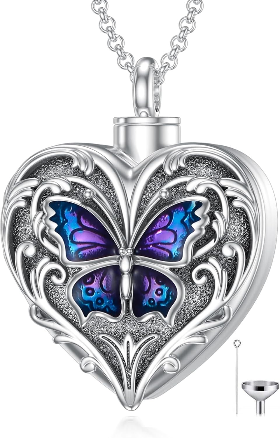 SOULMEET Heart Shape Butterfly Urn Necklace for Ashes, Sterling Silver Blue Morpho Butterfly Ashes Locket Necklace, Memorial Keepsake Gift