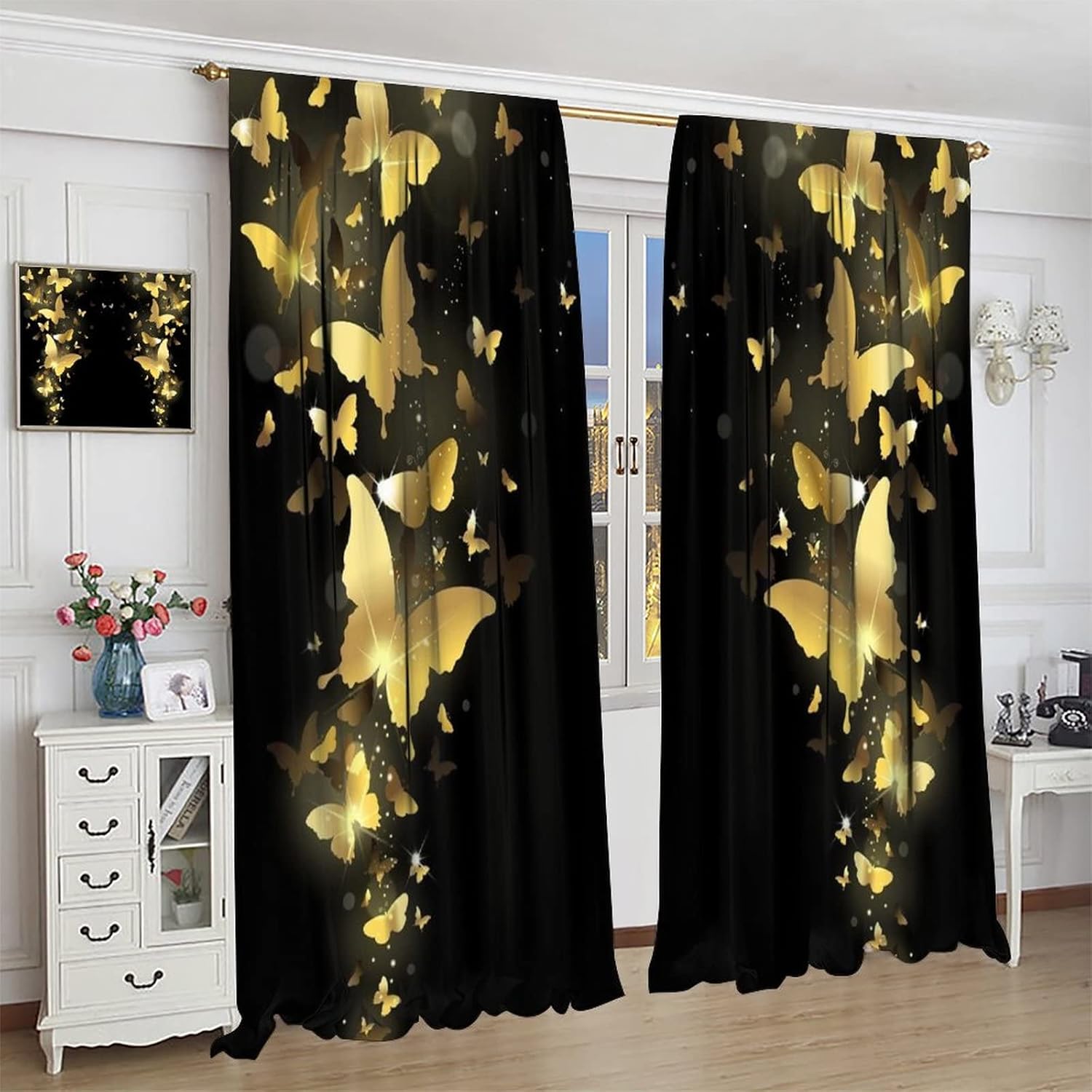 Golden Butterfly Blackout Window Curtains, Black Gold Butterflies Room Darkening Rod Pocket Windows Door Curtain for Bedroom Living Room Home Decor 42x45in