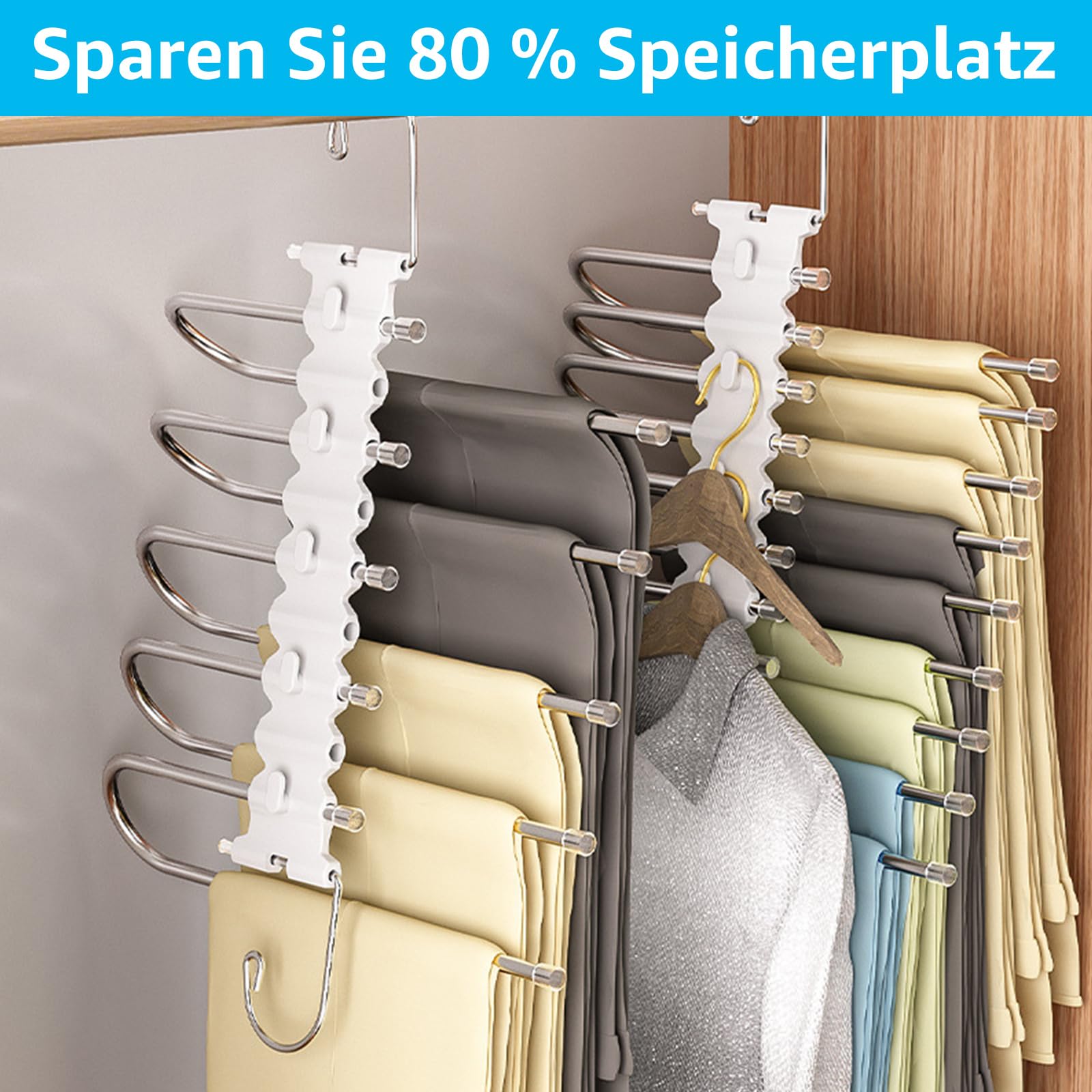 Lot De 3 Cintres Pantalons 5 En 1 Gain De Place - Antidérapants Pliables En Acier Inoxydable