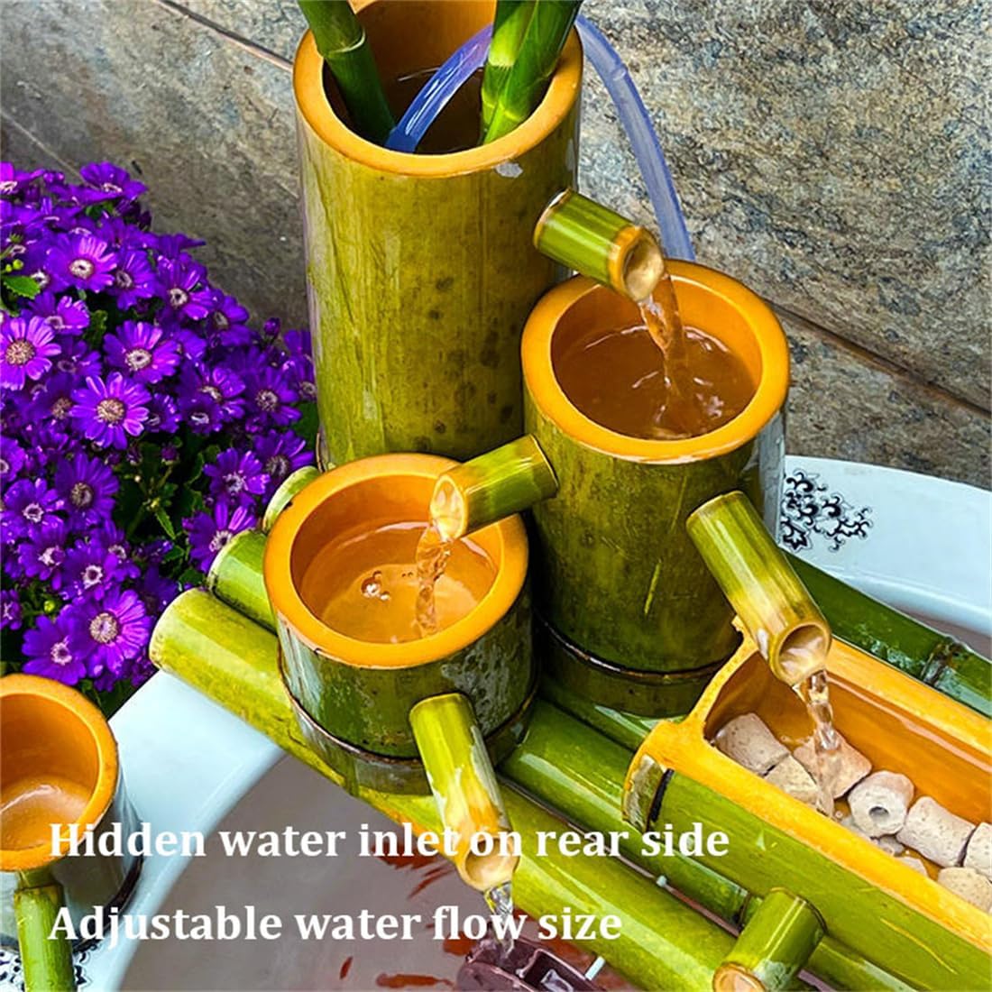 Solar-Powered Bamboo Fountain,Feng Shui Bamboo Fountain Kit Japanese-Style Bamboo Flowing Water Ornaments with 5W Water Pump/Hose, for Outdoor Indoor Garden Pat