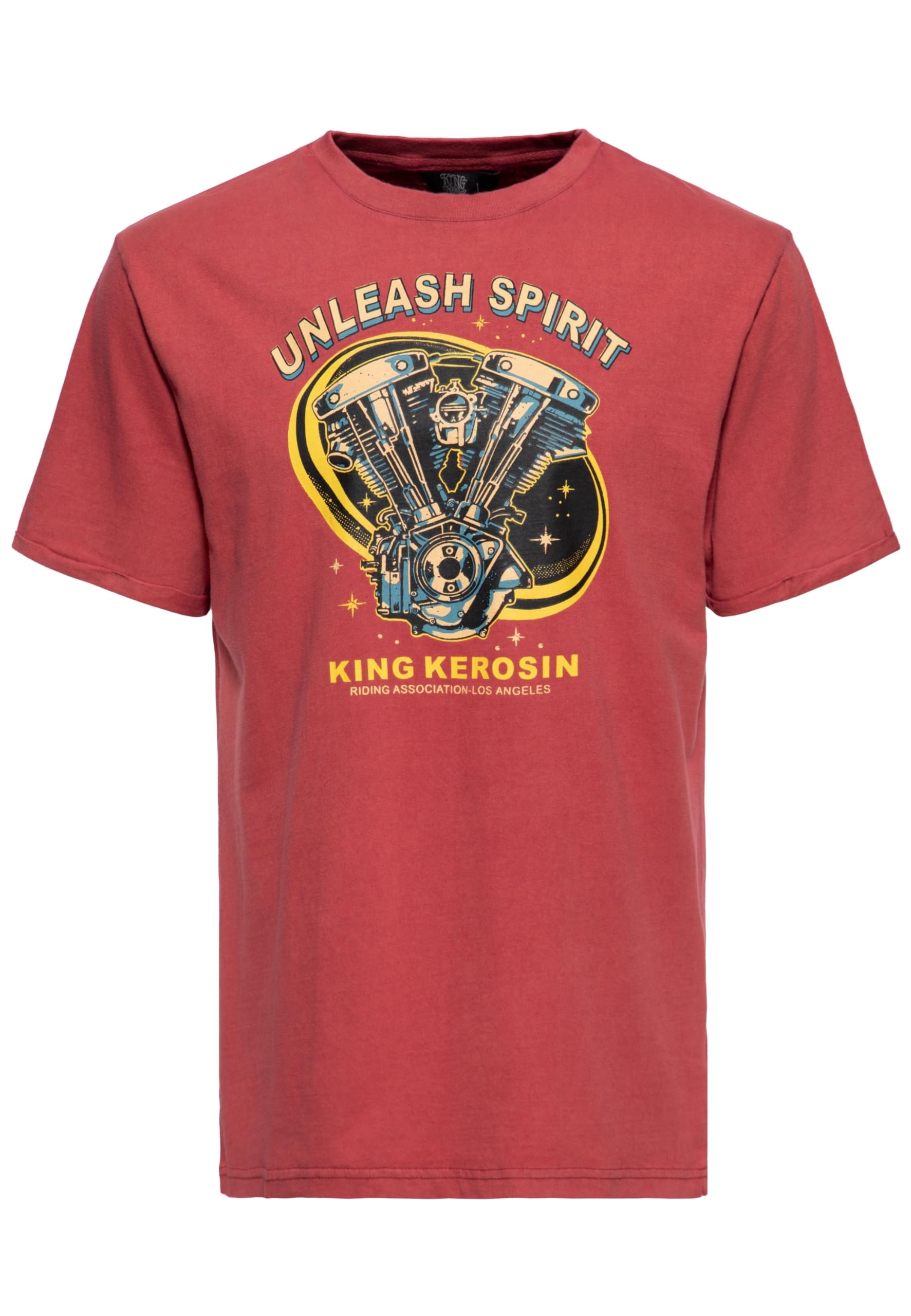 King Kerosin Męska koszulka z nadrukiem, koszulka z krótkim rękawem, okrągły dekolt, używana, gruba, 200 g/m², V-Twin, silnik, vintage, retro, Wasung Unleash Spirit