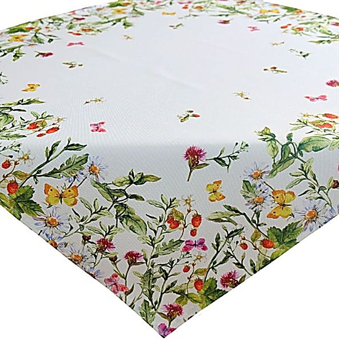 Tablecloth 85 x 85 cm Summer Easy Care White Summer Meadow Strawberries Colourful Garden Blanket, Multicoloured