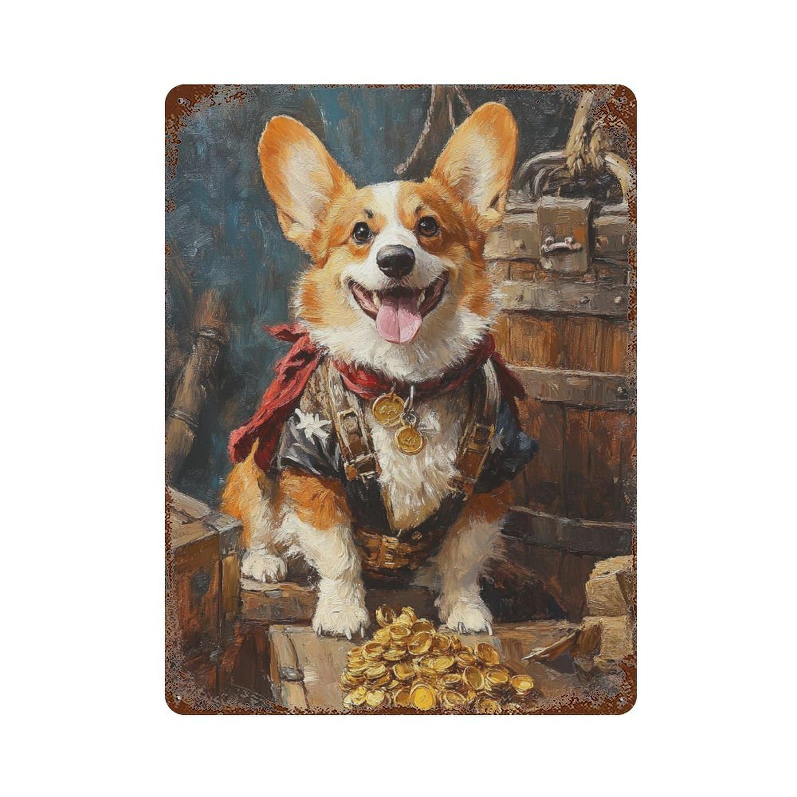 Golden Corgi Treasure Chest Vintage Rust Metal Sign 15.7"x11.8", Shabby Chic Decor for Shed, Workshop And Garage Wall Decor