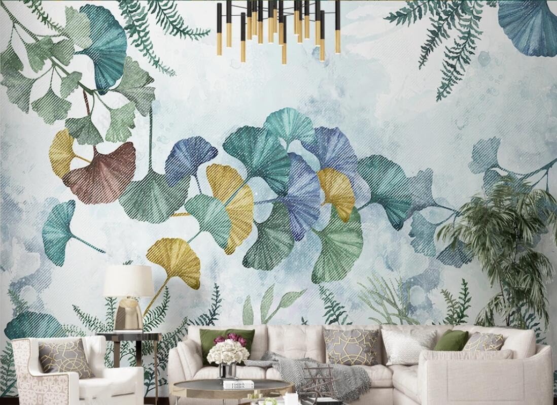 Fond mural ginkgo feuille 3D pour agrandir et éclairer un salon
