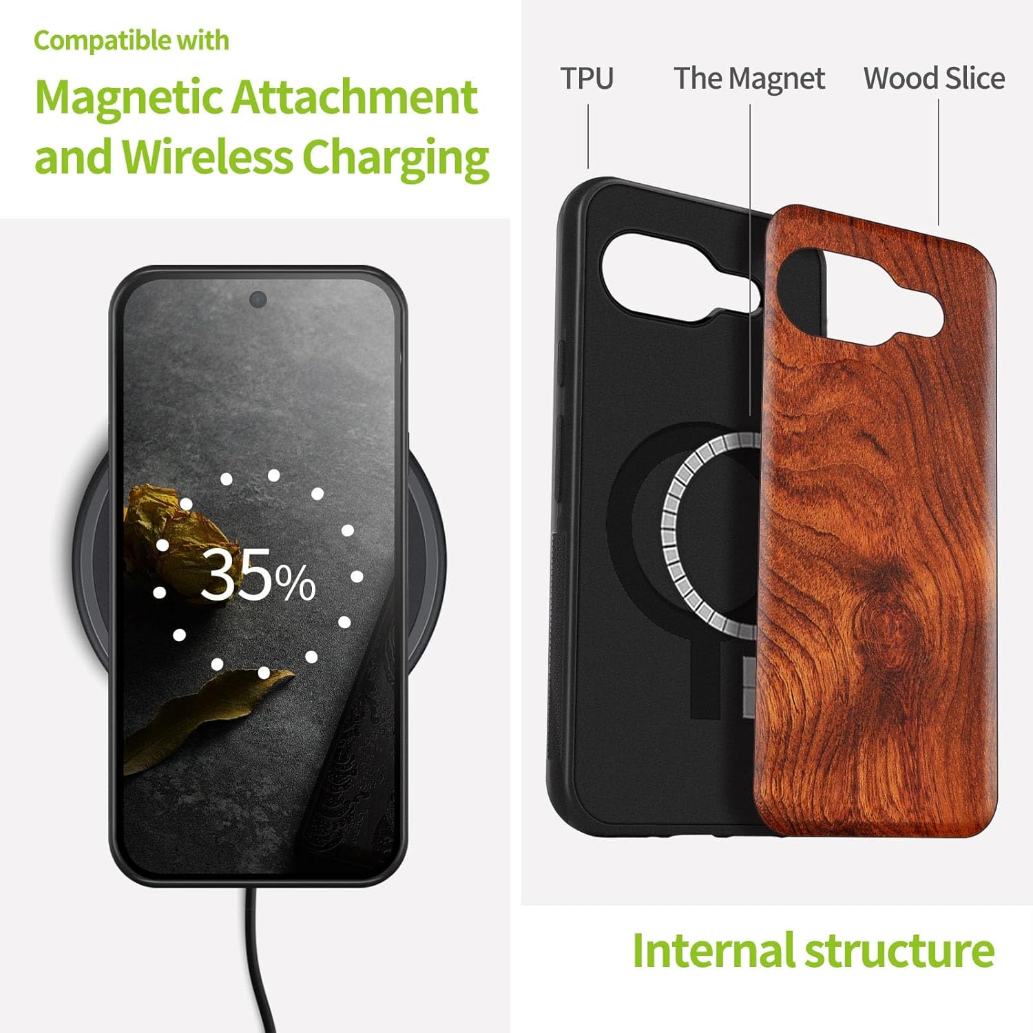 Carveit Magnetic Wooden Case for Google Pixel 9a Case, Wood Artisan Engraved & Soft TPU Shockproof Cover, Compatible with MagSafe Wireless Chargers (Natural Grain) Rosy