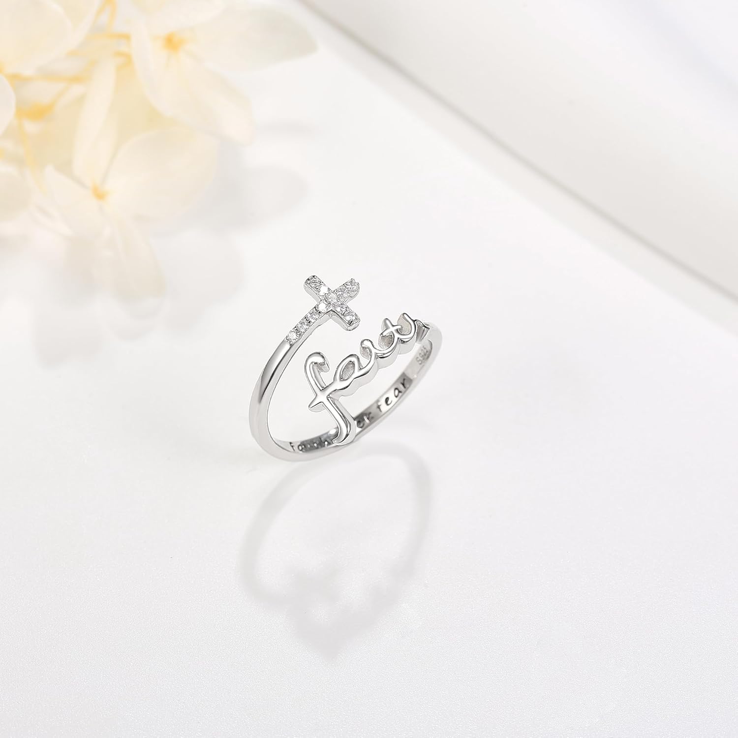 URONE Faith Cross Rings Adjustable Sterling Silver Faith Over Fear Cross Rings Christian Religious Jewelry Gifts For Women Men