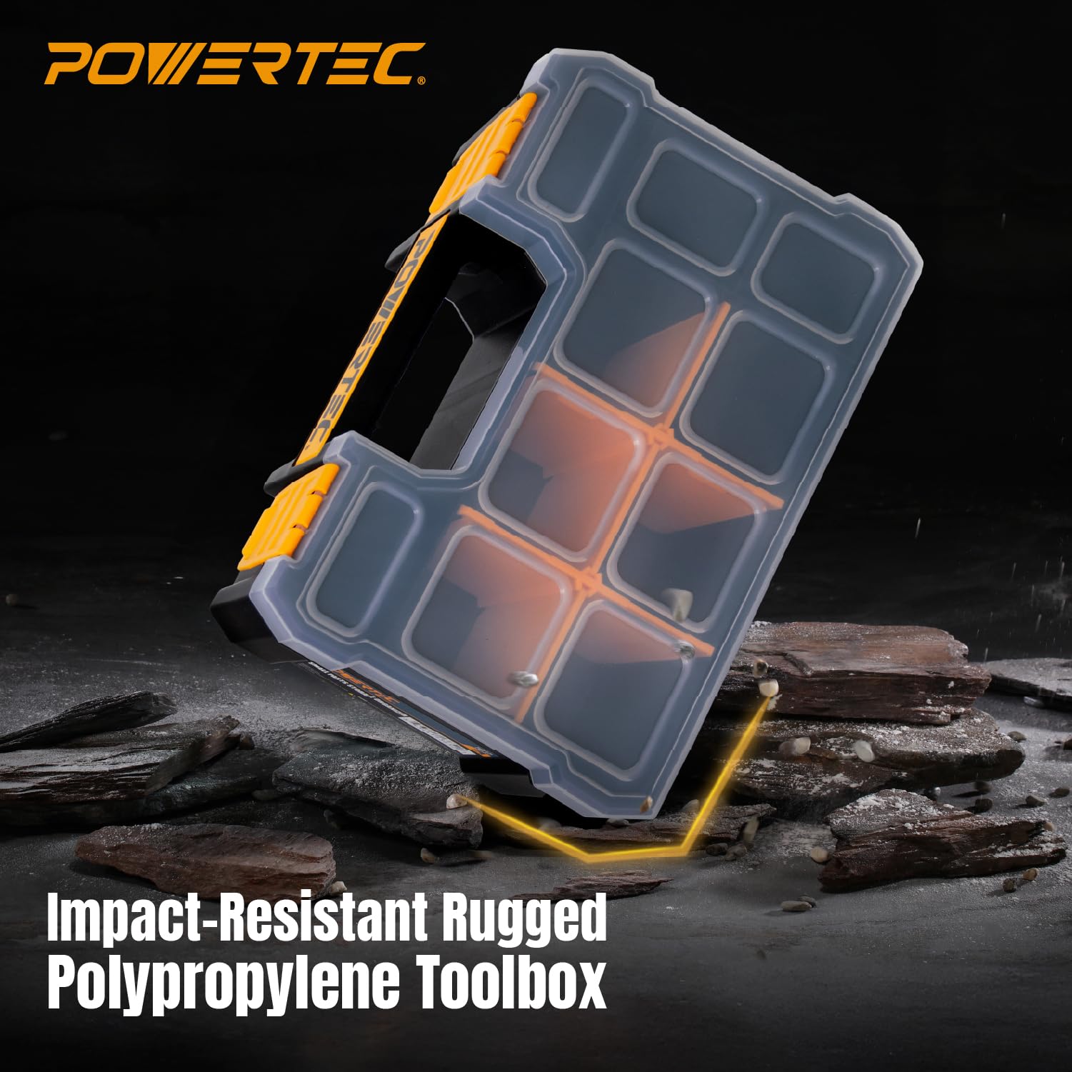 POWERTEC Organizer per piccole parti e cassetta degli attrezzi, 10 scomparti, impilabile con divisori rimovibili, coperchio trasparente, design portatile, confezione da 3 (72117-P3)