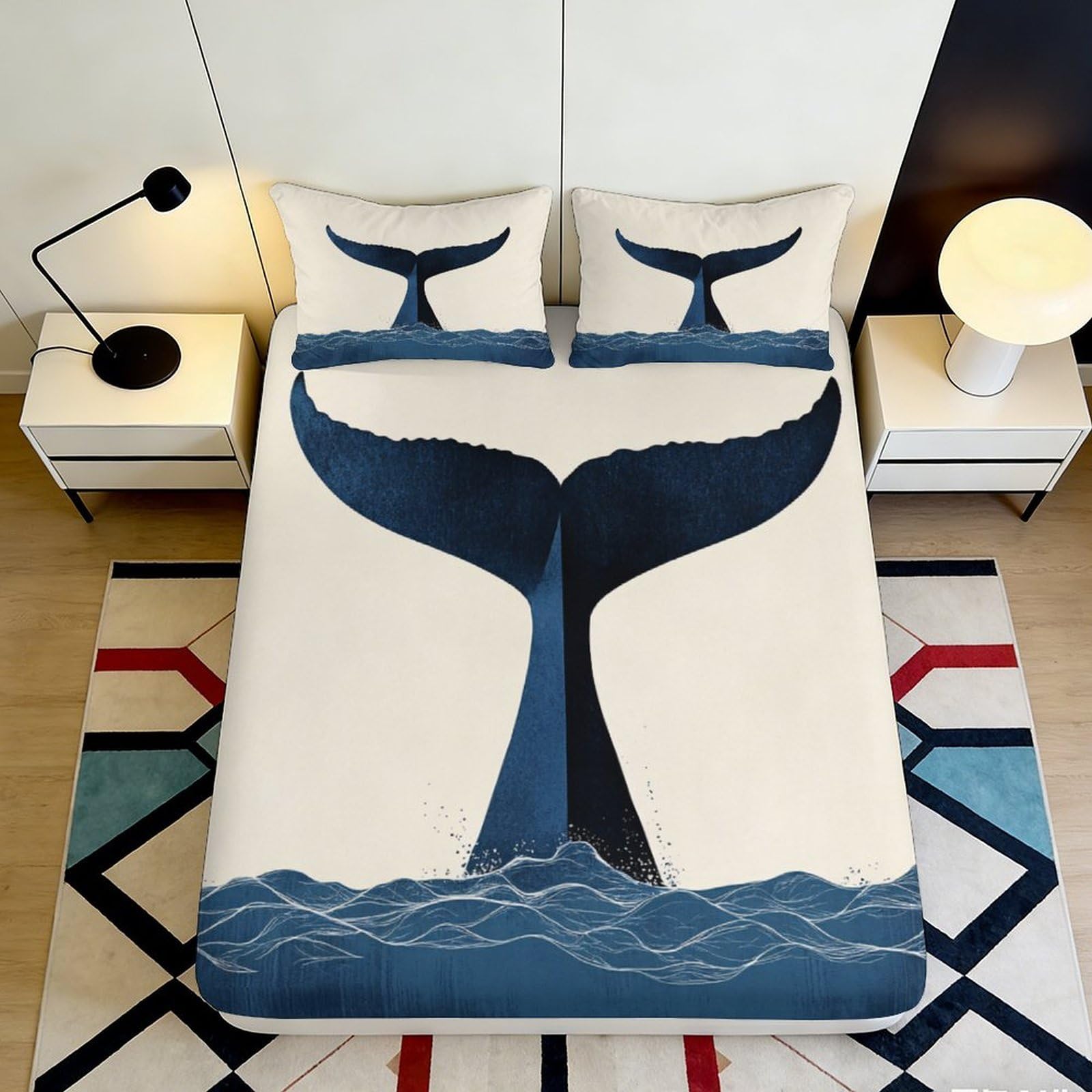 Jqzkxnhpbr Style-4 3D Printed Whale Tail Fitted Sheet Microfiber Soft Navy Blue Ocean Waves Mattress Cover For Bedroom Dorm Decor 90X200x25cm