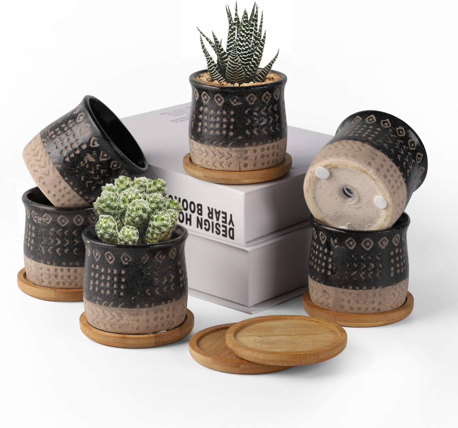 TAMAYKIM 2.75 Inch Mini Ceramic Succulent Plant Pots, Retro Tiny Planter Pots with Saucer & Drainage Hole, for Cactus, Small Plants, Set of 6, Brown Beige