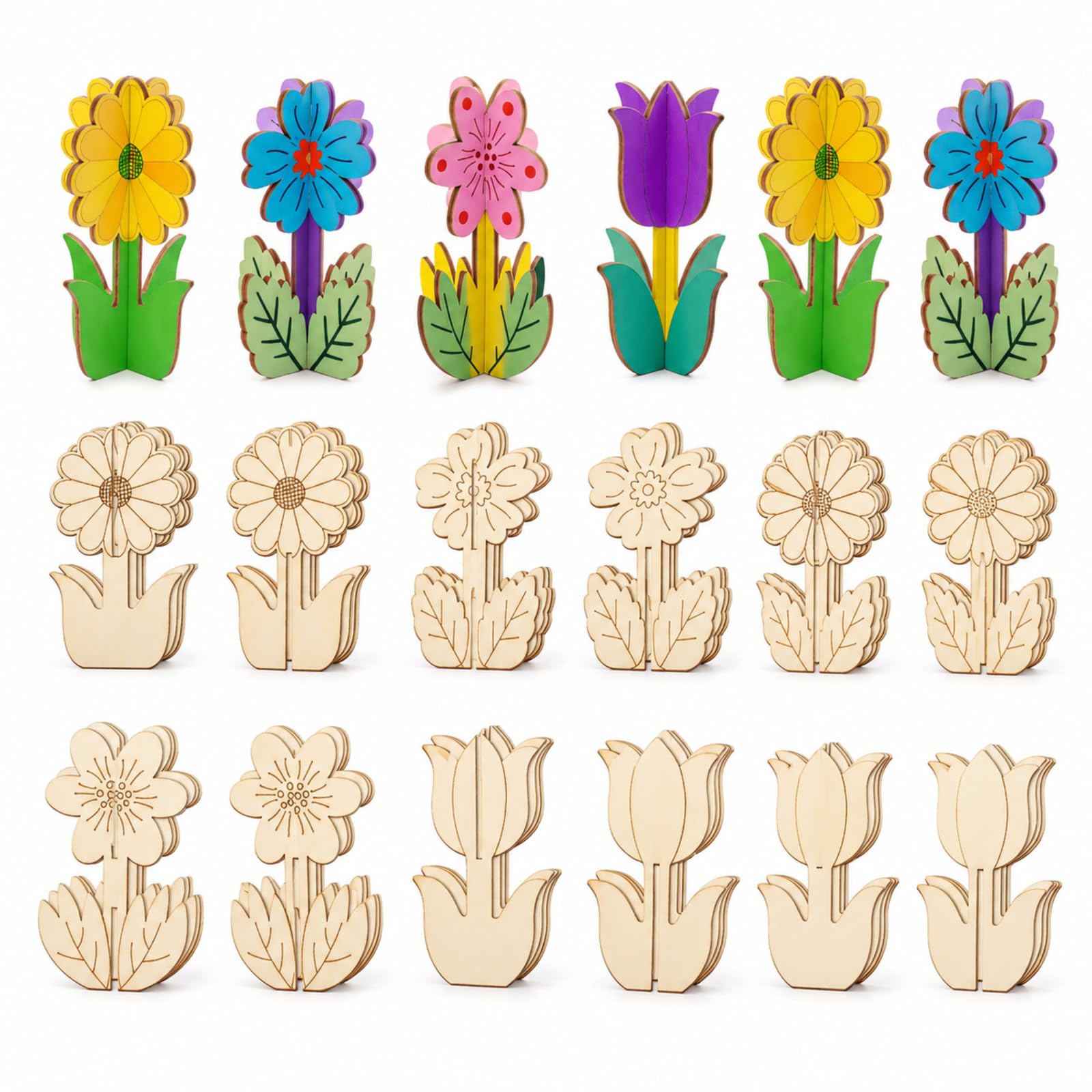 36Pcs Wooden Craft Shapes, Floral Decoration Set for Creative Projects, Eight Different 3D Flower Designs, Ideal for Handmade Crafts, Home Decor and DIY Gift Making