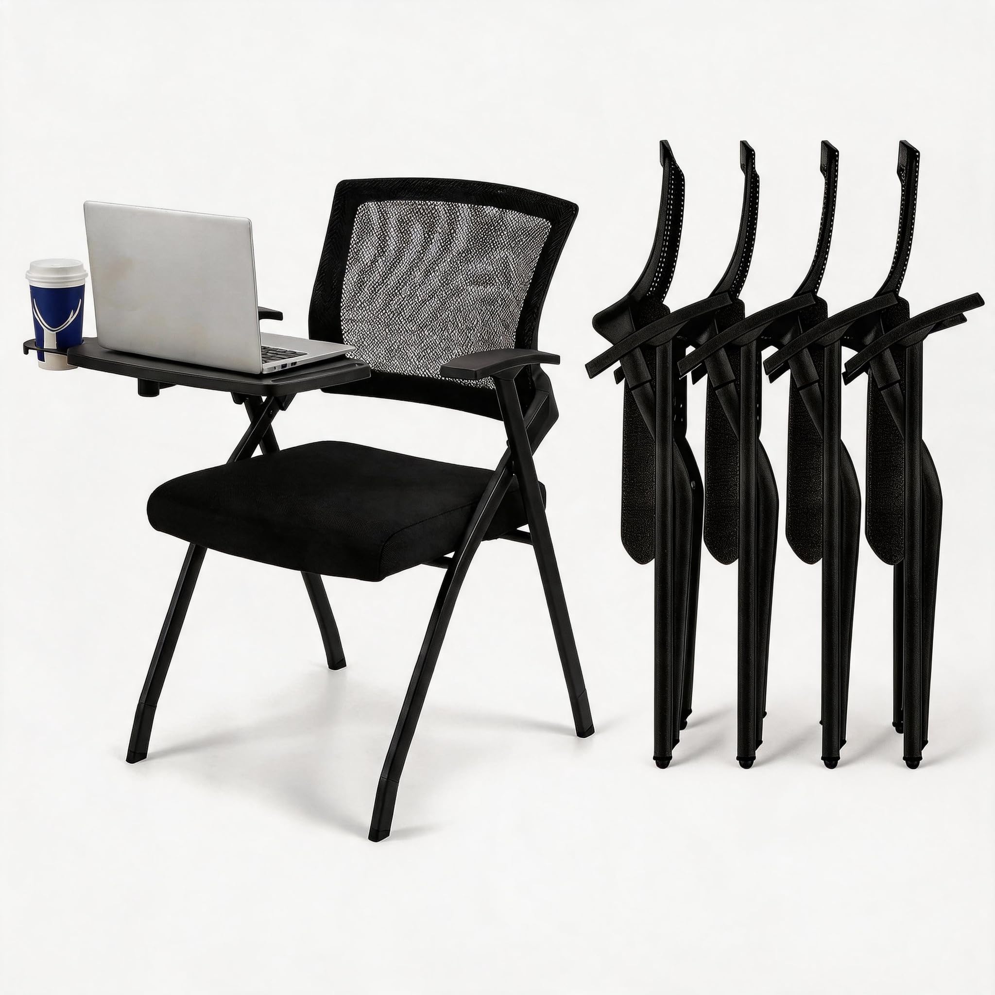 Professional Folding Training Chairs with Desk Attached, Office Meeting Desk Chair with Writing Tablet and Cup Holder, Space-Saving Nesting Chairs for Conference room ,School, Seminar, Classroom