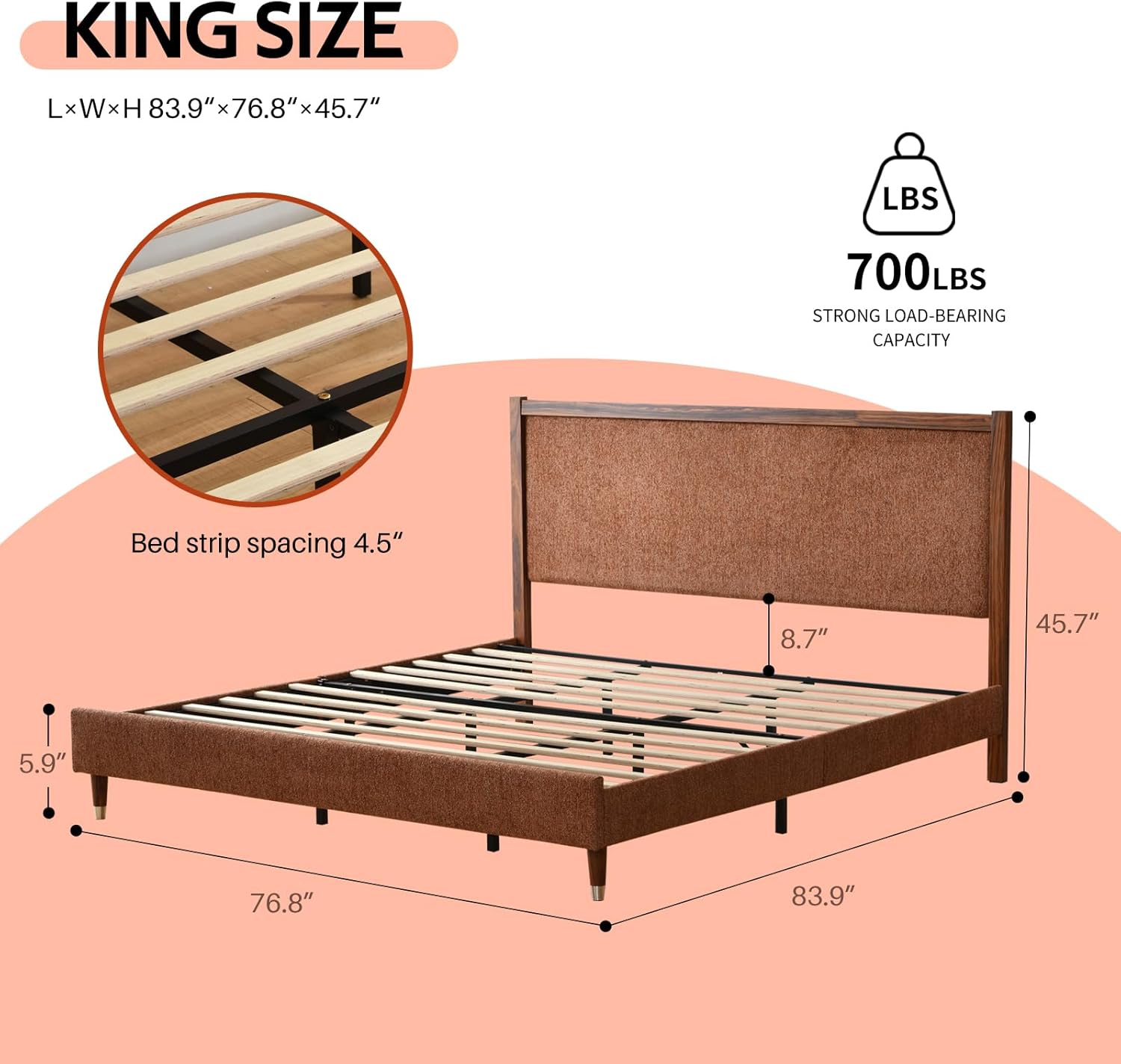 YUHUASHI King Upholstered Platform Bed Frame with Solid Wood Trim Headboard, Linen Fabric Upholstery, Sturdy Slat Support No Box Spring Needed, Easy Assembly (OCHER, King (U.S. Standard))
