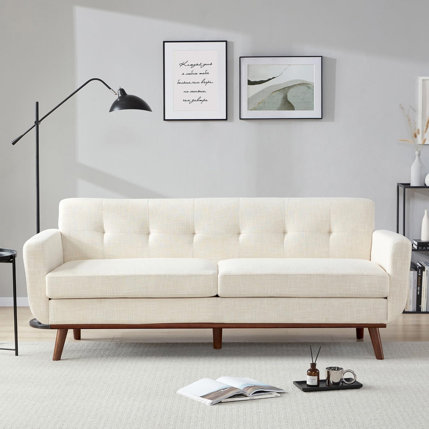 Kingfun 77.2" W Loveseat Sofa, Mid Century Modern Decor Love Seat Couches for Living Room, Button Tufted Upholstered Furniture, Solid & Easy to Install Small Couch for Bedroom Office Apartment, Beige | linen fabric, button tufted, solid wood foot, pocket spring, wood slats frame