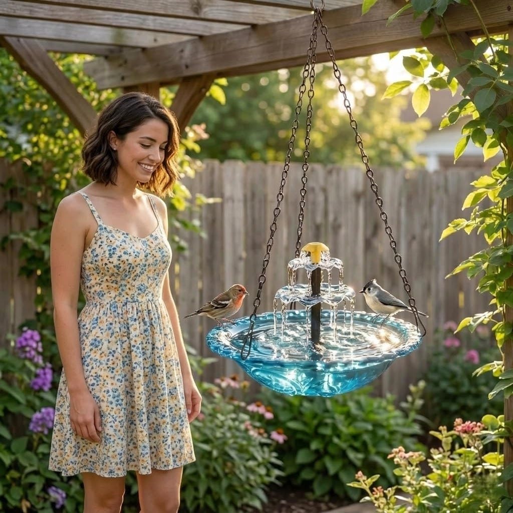Solar Cascade Hanging Bird Bath Fountain - 9 Water Outlets for Soothing Stream Sound - Solar Powered Birdbath with 12" Large Bowl for Outdoor Garden Yard Decor & Hummingbird Attraction (Blue) — view 8