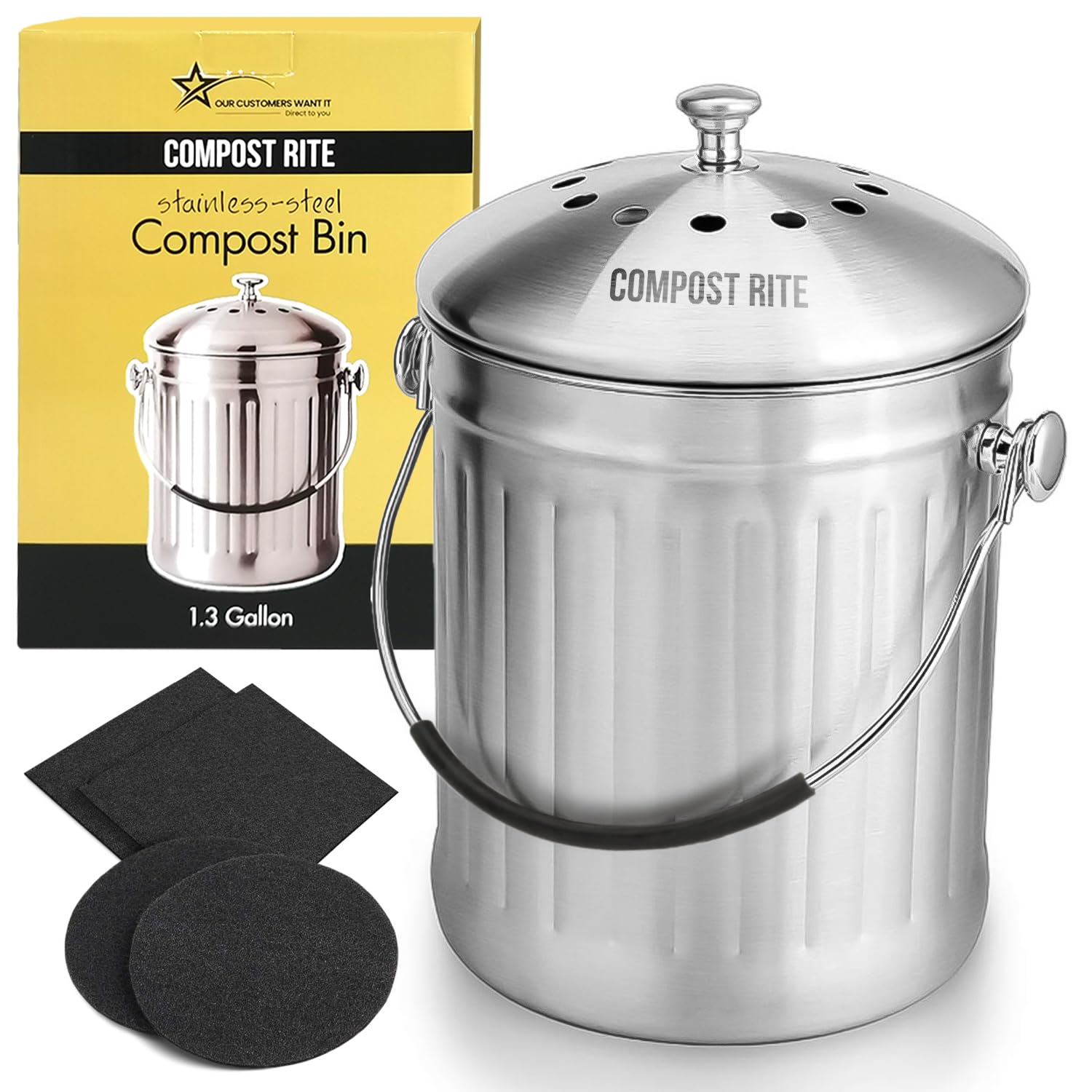 Compost RiteStainless Steel Compost Bin for Kitchen - 1.3 Gallon, Indoor Countertop Compost Bin, Kitchen Compost Bucket with Lid & Carrying Handle, Odor-Free Compost Pail for Food Waste
