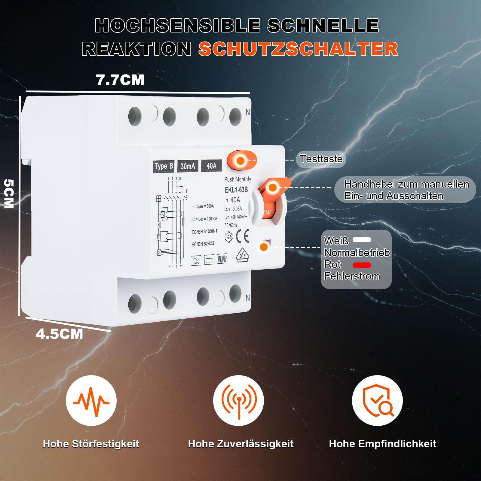 VDE-Zertifizierung FI Schutzschalter 40A 30mA 4P Typ B | Allstromsensitiv RCD | Für Wallboxen & Ladestationen