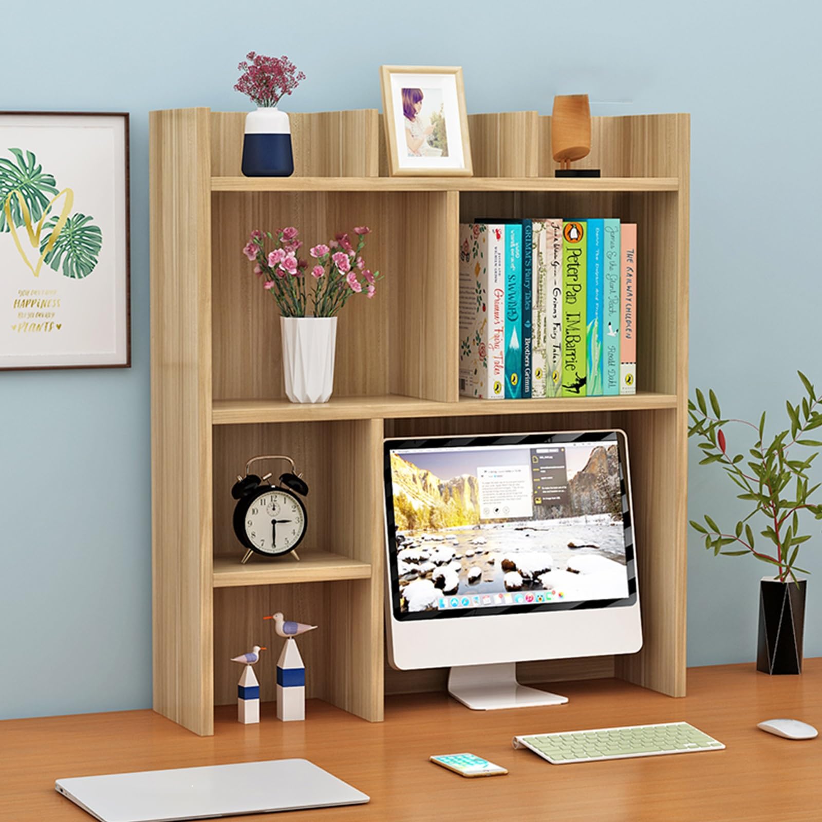 ASerZenith Wooden Desktop Bookshelf Organizer With Pegboard Dorm Room Storage Rack For Students Miniature Skinny Wood Hutch Bookcase For Office Desk (Wood Color 80Cm/31.4In)