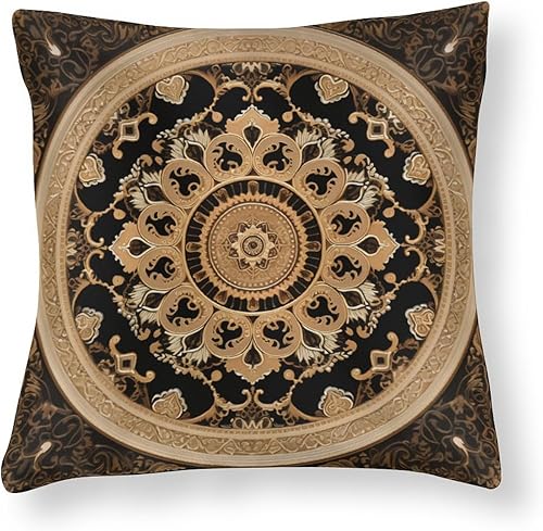 Funda de cojín moderna de satén, diseño de medallón marrón y negro, fundas de almohada clásicas bohemias con mandala chic con cremallera para sala