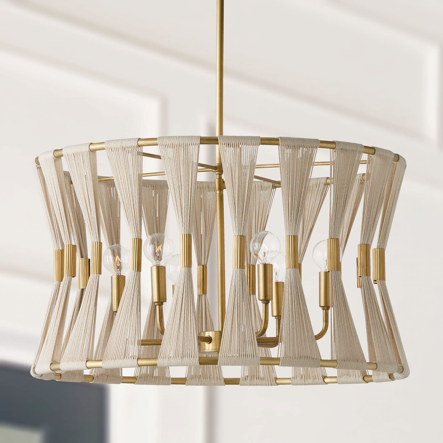 Capital Lighting 341161NP Bianca Modern Luxe Hand-wrapped Bleached Natural Rope Drum Pendant Light Fixture, 6-Light 360 Total Watts, 14" H x 25" W, Patinaed Brass