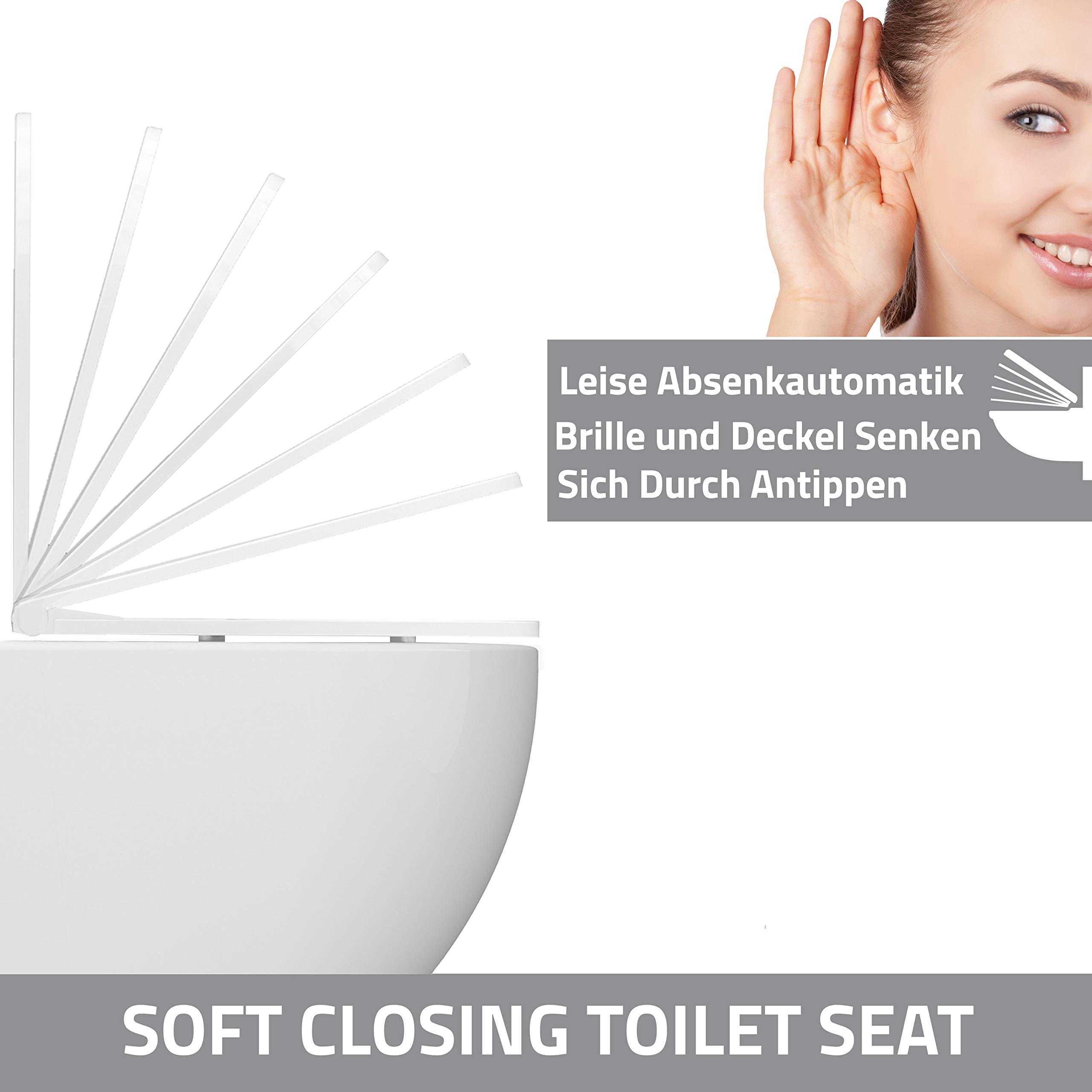 Aqua Bagno - Asiento de inodoro plano con cierre suave Roxy en forma de D (plástico termoendurecido descenso automático, tapa extraíble y tapa de inodoro antibacteriana), color blanco