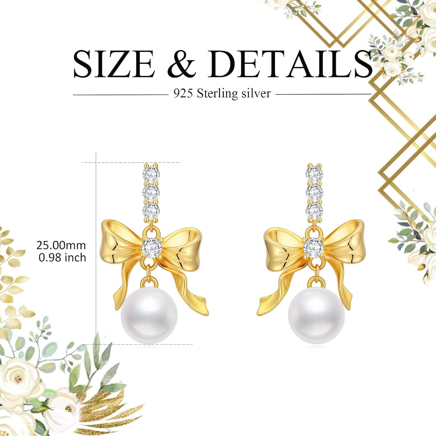 LONAGO Freshwater Pearl Bow Earrings for Women 14K Gold Plated 925 Sterling Silver Ribbon Bow Stud Ribbon Pearl Dangle Earrings Dainty Jewelry