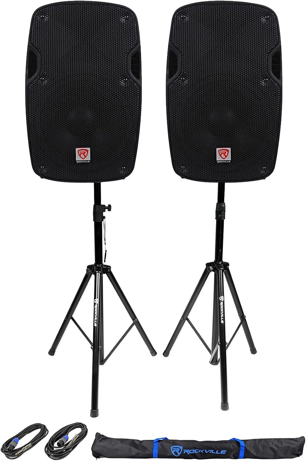 Rockville SPG88 Bundle: (2) 8" 400W Peak / 100W RMS Passive DJ PA Speakers 8 Ohm 50Hz-20kHz, (2) RVSS2-TSNL4 Tripod Speaker/Lighting Stands, 2X 20ft 1/4"-Speakon Cables, 4-Items
