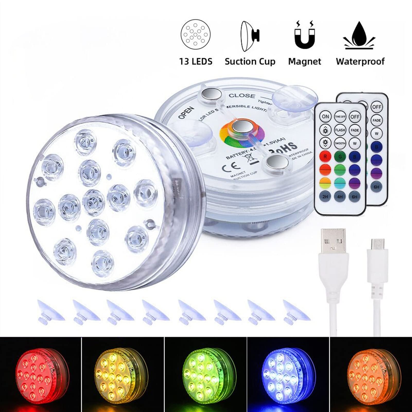 RVB sous-Marin USB Lumières LED Submersibles magnétiques Rechargeables Lumières de Piscine imperméable des lumières de Piscine for Vase d'aquarium (Emitting Color : 1 Controller 10 Lamp)