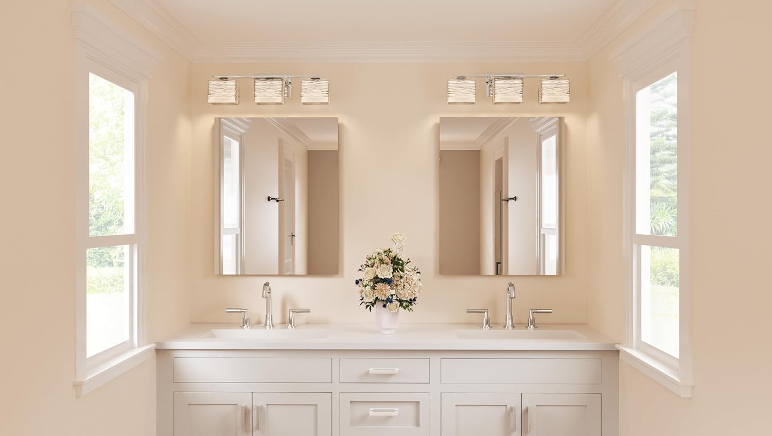 Quoizel Westcap Modern Vanity Lights, 3-Light, 22.5 Inch Polished Chrome Bathroom Lighting Fixtures Over Mirror, Sandblasted Glass, G9 Bulb, Transitional Wall Light for Bathrooms, Kitchen or Hallway