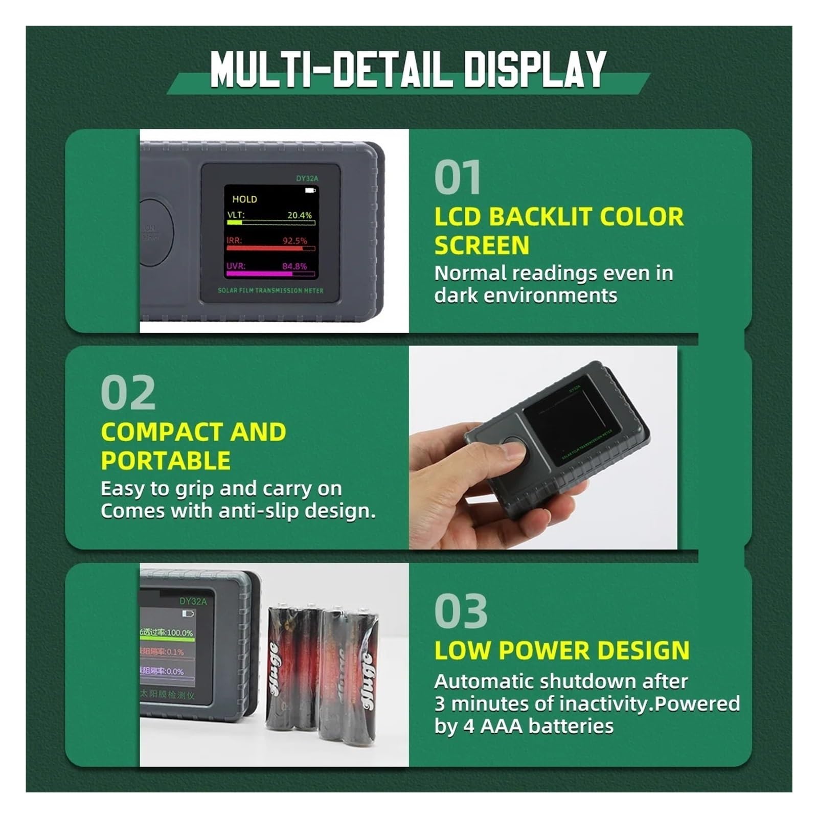 Medidor de transmisión de película solar DY32A Medidor de tinte de ventana portátil Probador de rechazo de UV e IR de transmitancia de luz visible