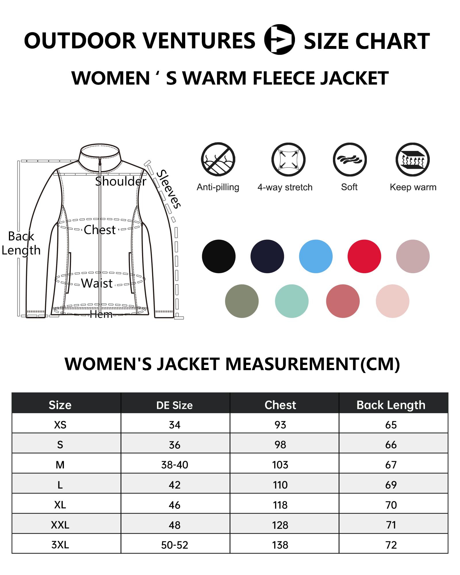 Outdoor Ventures Veste polaire pour femme avec fermeture éclair sur toute la longueur, col montant pour femme - Veste polaire légère - Électricité antistatique
