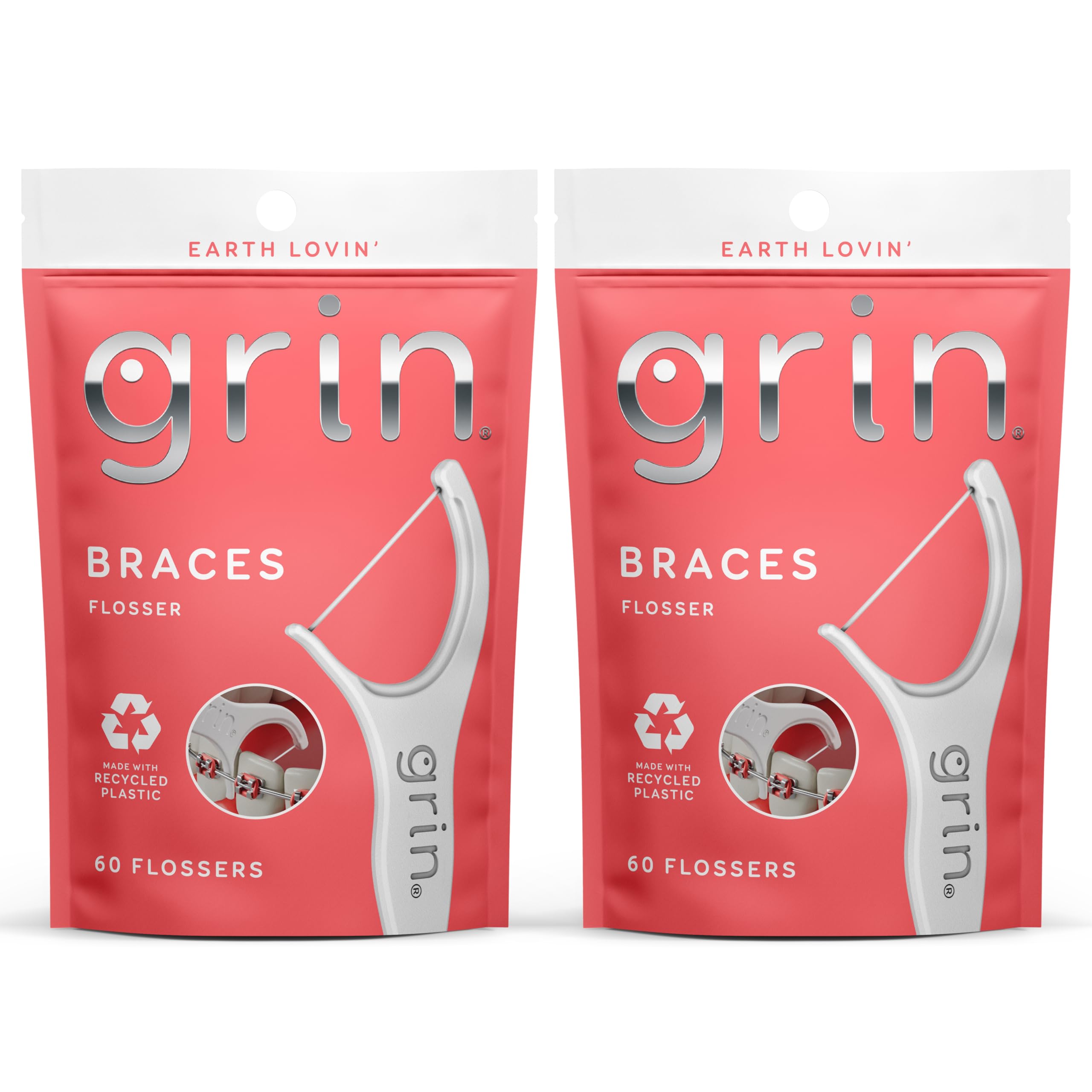 GrinBraces Flosser, Floss Picks Designed for Braces, 60 Count, Dental Flossers, Recycled Plastic, Ortho Approved, Premium Thin Floss, Includes Handy Wax Scraper and Pick (Pack of 2)
