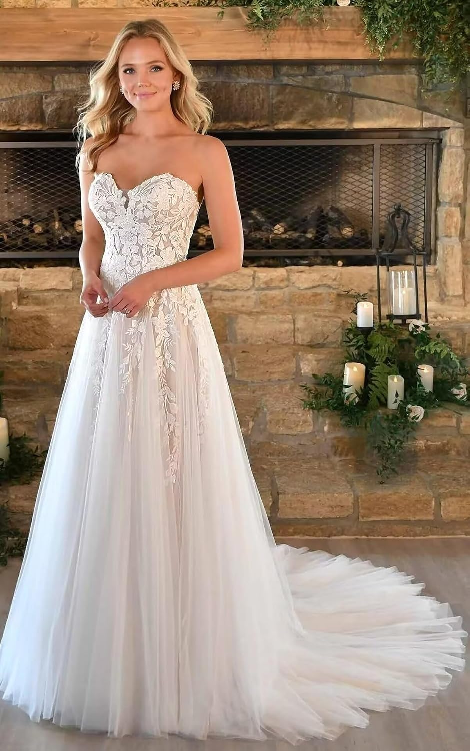 GATMAHE Lace Wedding Dresses for Bride Off The Shoulder Applique Tulle Open Back V-Neck Boho Bridal Dress with Slit