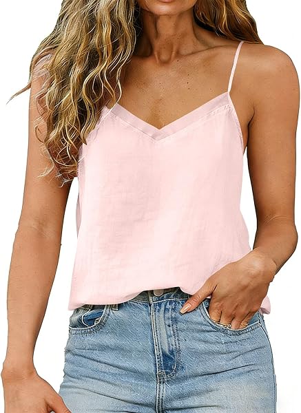 Womens Cotton Linen Tank Tops Casual V Neck Sleeveless Blouses Plus Size Loose Spaghetti Strap Cami Shirts - 5