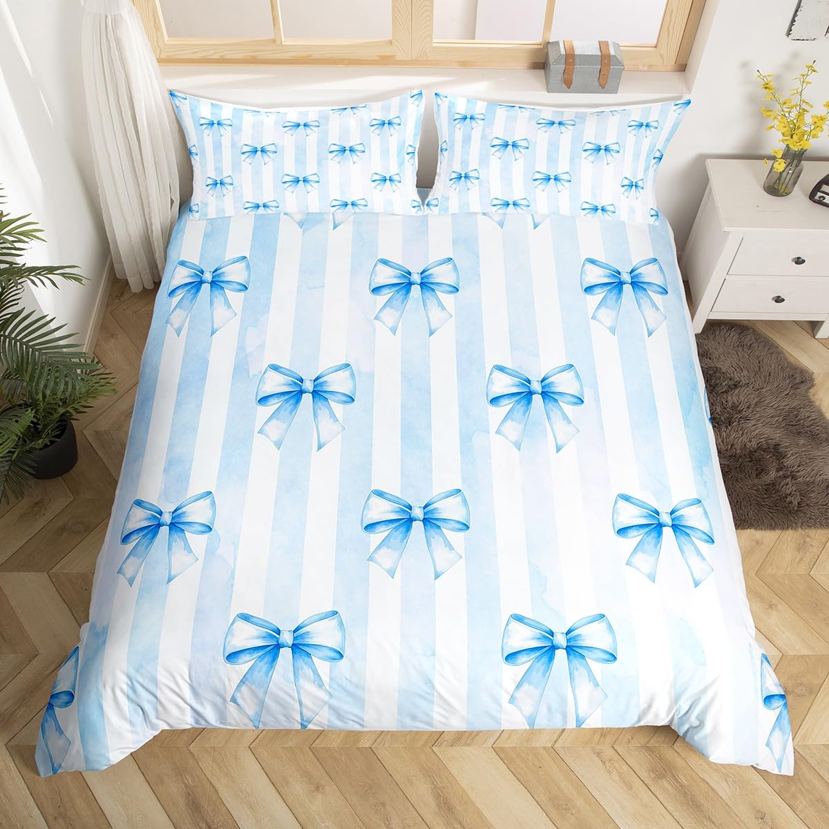 Blue Bowknot Kids Duvet Cover Set King Size,Geometric Stripes Bow Tie Patchwork Dreamy Bedding Set,Girls Women Room Decor,Butterfly Knot Princess Cute Chic Quilt Cover,2 Pillowcases(No Comforter) — image 1