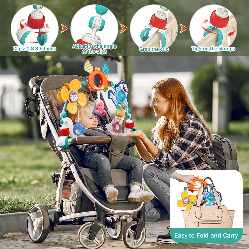 Arco Passeggino, Gioco Passeggino Neonato, Arco da Viaggio per Culla con Sonaglio, Regolabile e Pieghevole, Giocattoli Sensoriali per Buttafuori, seggiolino Auto (Arancia)