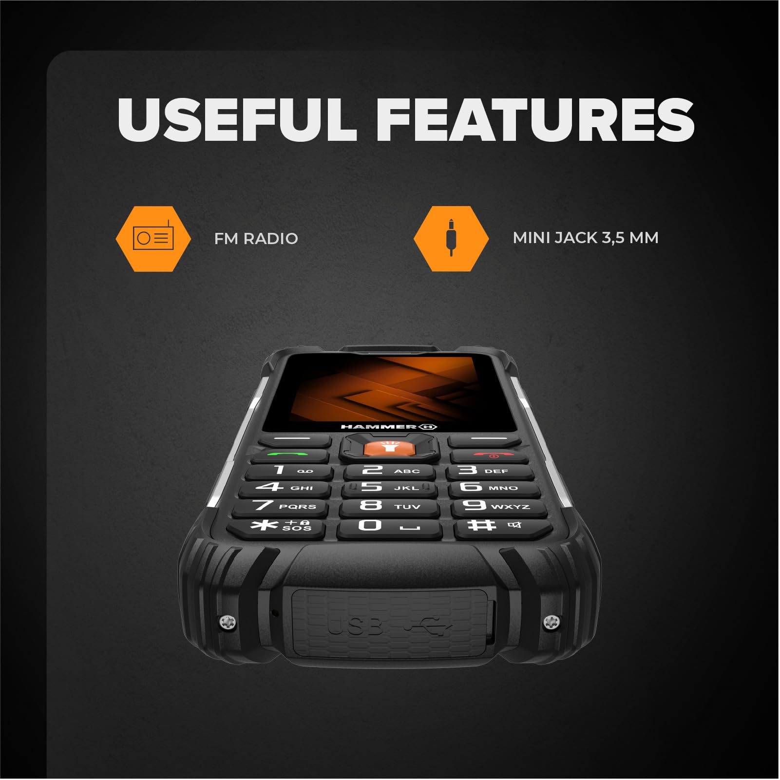 Hammer H Power Plus LTE Outdoor Handy ohne Vertrag, 4000mAh Akku, 128MB Memory, 64MB RAM, 2,8" IPS Display, große Tasten, Taschenlampe, 2 MP Kamera, FM-Radio, USB-C, Dual SIM Nano, Schwarz