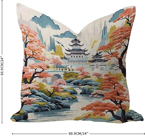 Miniatura 3 de Chinoiserie - Funda de almohada de lino de arpillera de 24 x 24 pulgadas, diseño de pagoda asiática, color blanco, azul coral, funda de cojín