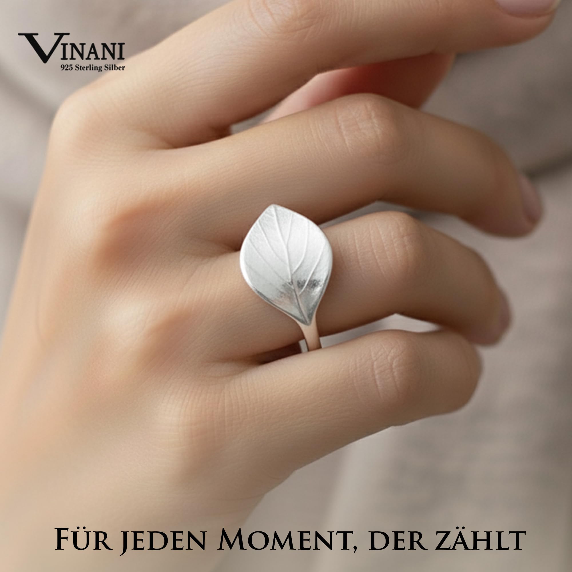 Vinani Damenring aus 925 Sterling Silber – Breiter Blatt-Ring, sandgestrahlt & glänzend, nickelfrei & antiallergisch, handgefertigter eleganter Silberschmuck, Geschenk für Frauen