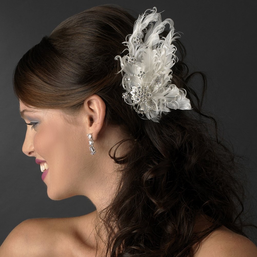 Asha Fabulous Ivory Hair Clip with Rhinestones Wedding Bridal Feather Fascinator