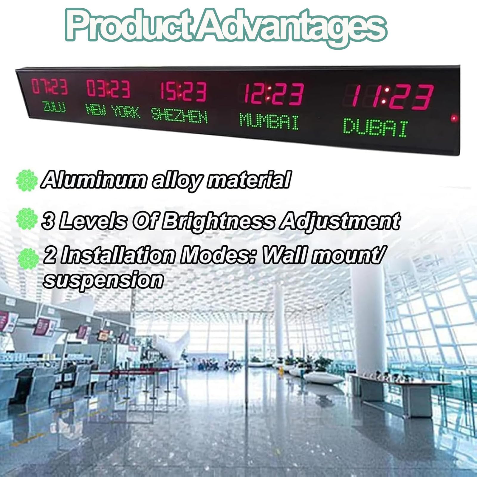 Orologio orario mondiale con display a 5 città, fusi orari multipli a LED, 3 livelli di luminosità, alloggiamento interamente in alluminio per ufficio, hotel e uso aziendale