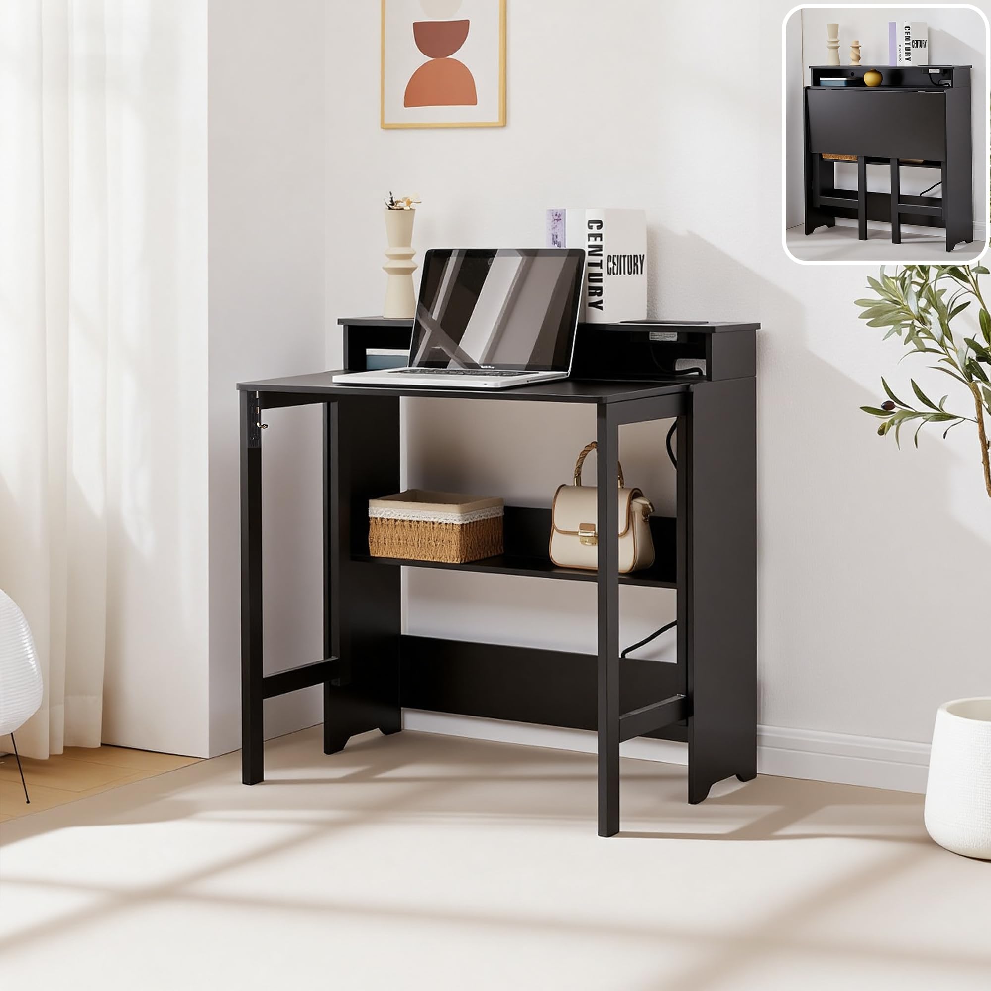 Zethvax Fold Out Desk with Power Outlets, Small Foldable Table with Storage Shelf,Space-Saving Hidden Desk for Bedroom, Living Room & Office (Black)