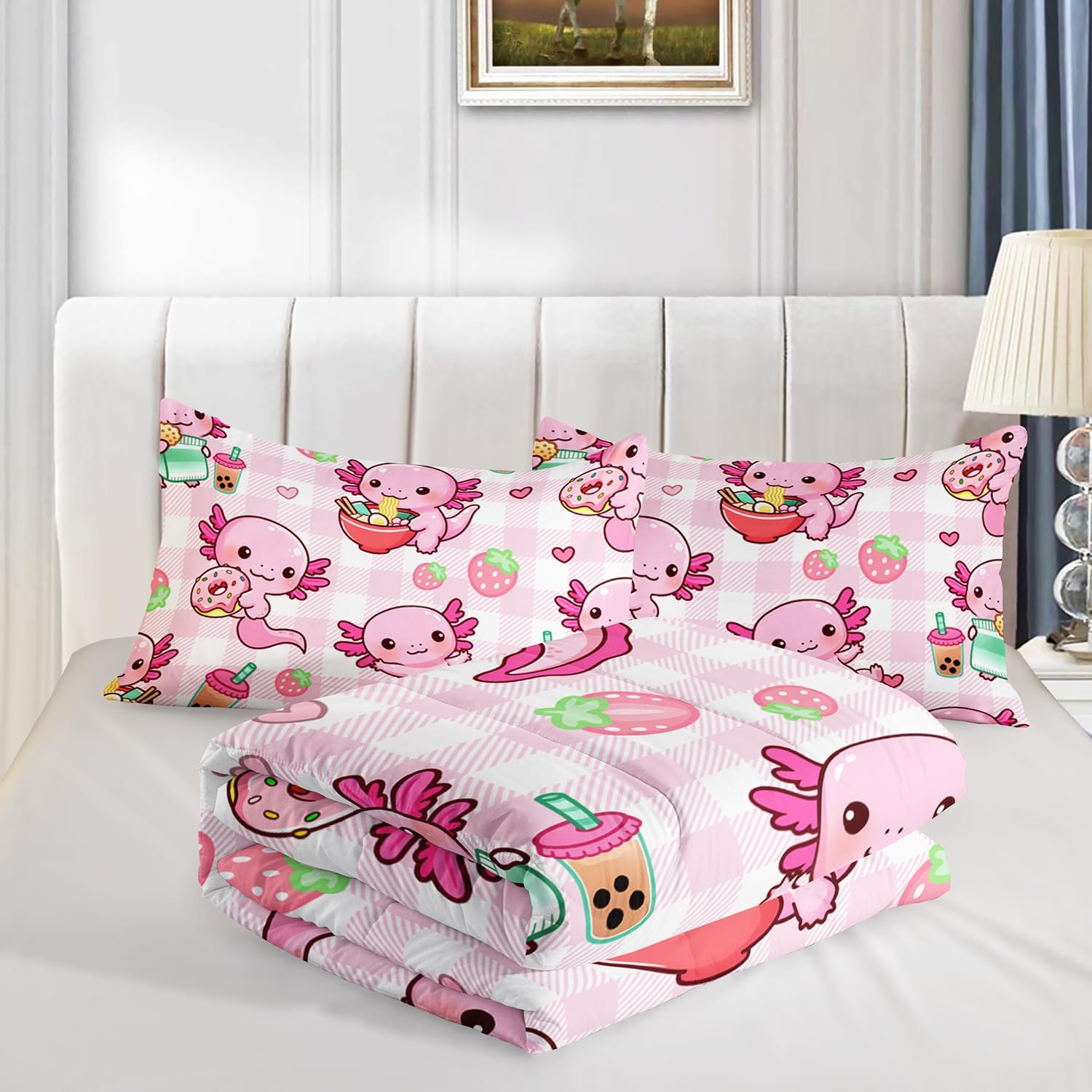 HOSIMA Axolotl Comforter Set Queen Size for Kids Girls,Pink Cartoon Axolotl Eat Dessert Printing Bedding Set Queen Size for Princess Bedroom Decor with Two Pillowcases. - Image 5