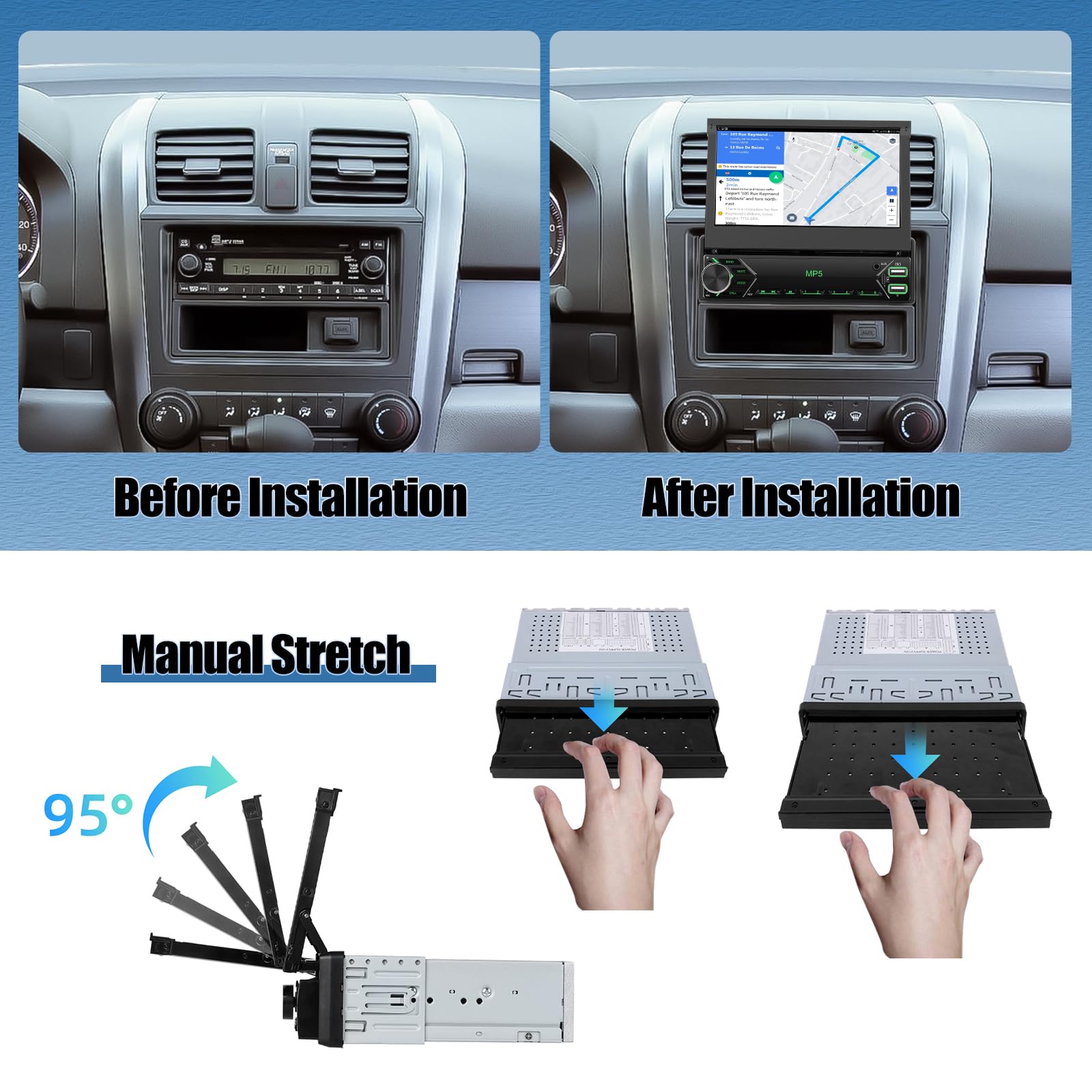 CAMECHO Autoradio 1 DIN 7 Pulgadas con Wireless Carplay, Pantalla Táctil Retráctil Manual de Radio Bluetooth con Android Auto Mirror Link FM Control del Volante USB/AUX +Cámara Trasera