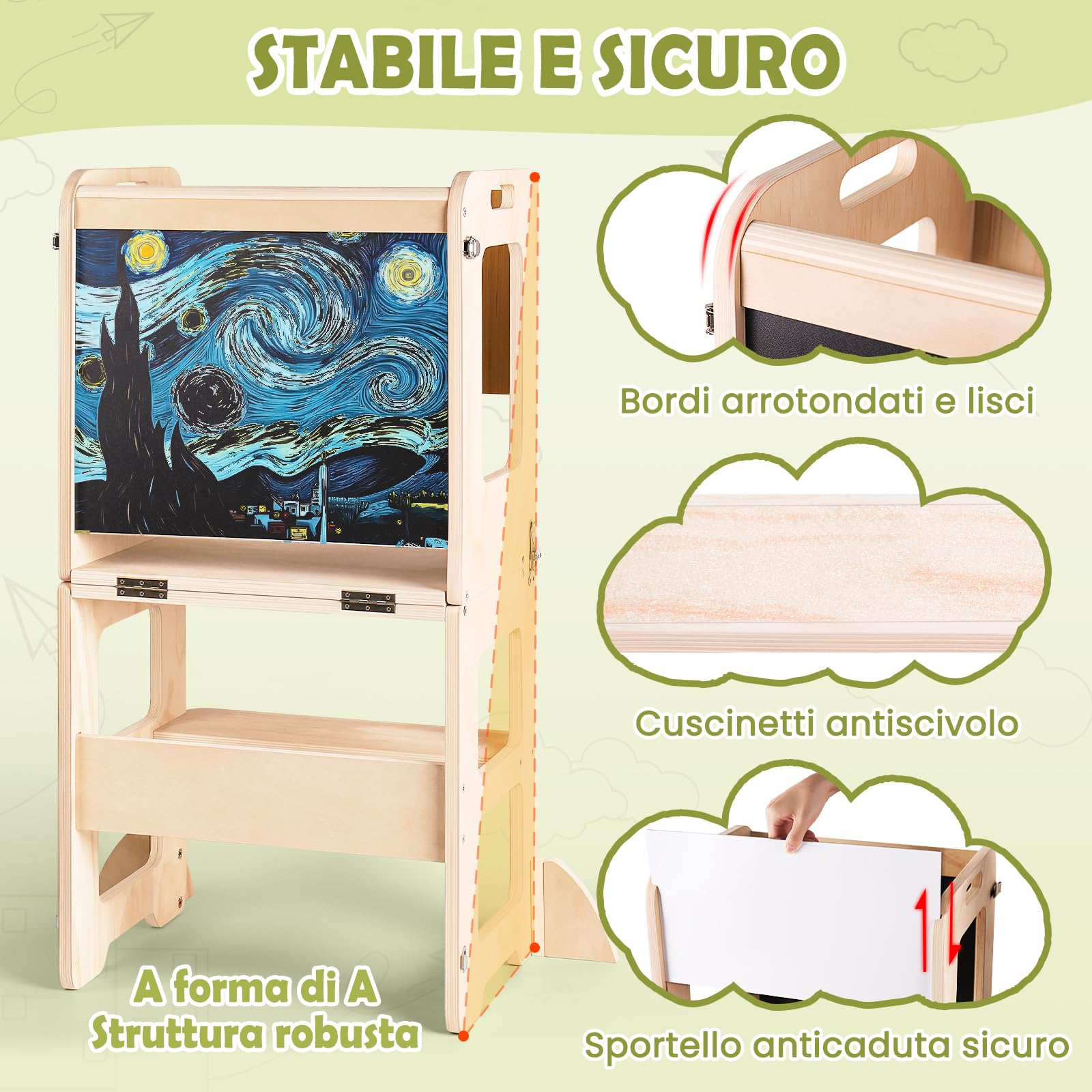Torre Montessoriana Bambini da 1 Anno, 4 in 1 Torre Montessoriana Pieghevole per L'Apprendimento in Piedi, Torre Montessori con Lavagna e Lavagna Bianca, Regalo per Bambini e Bambine da 1 a 3 Anni