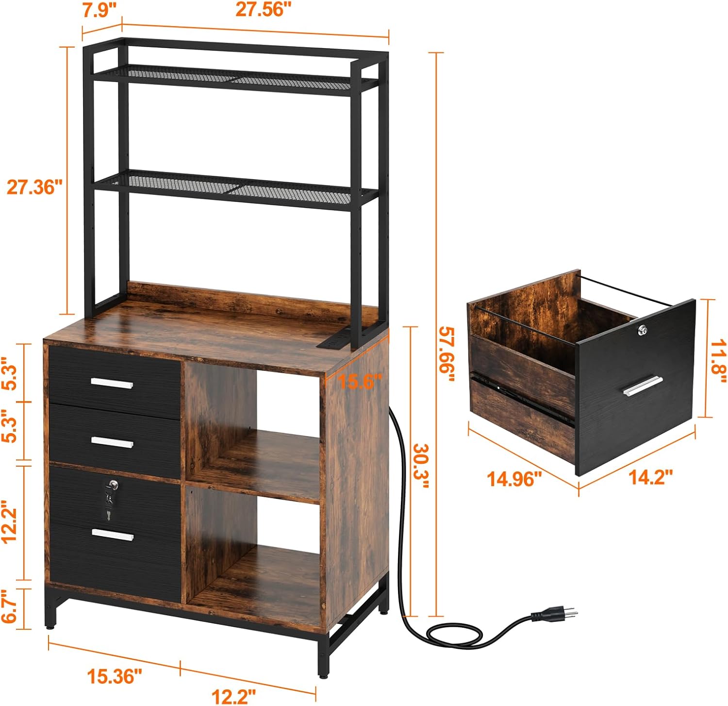 Livofloral Filing Cabinet with Charging Station, Files Cabinet with Shelves, 3 Drawer Office Organization, Printer Stand with Storage Shelves for Home Office, Lockable File Cabinets for Letters, Brown