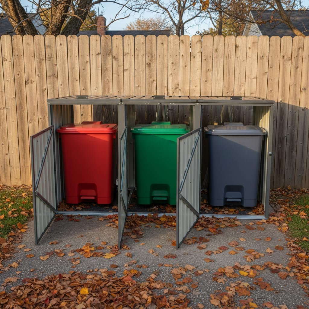Outdoor Trash Can Storage, Garbage Bin Shed Stores 3 Trash Cans with Convenient Lid and Springs Make, Metal Outdoor Storage Shed for Garbage Cans, Garden, Backyard, and Patio, Black