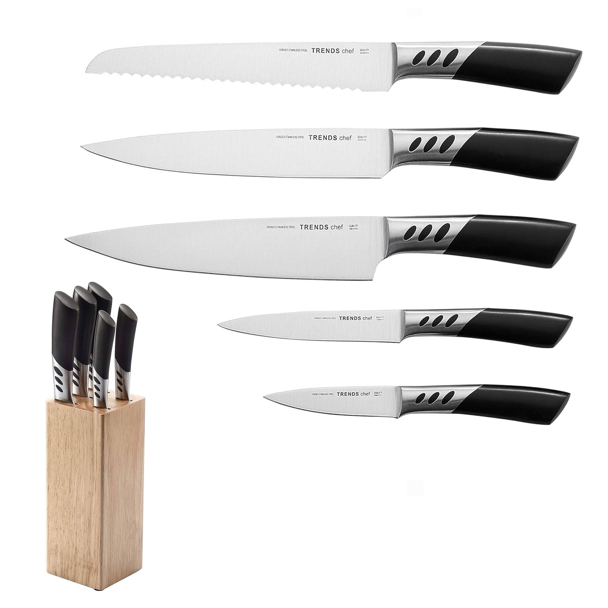 TRENDS Kitchen Knife Set Home, 5 Pc Knives, Plus Block. Double Forged from Professional German Steel Makes These Ultra Sharp Ergonomic Set of Kitchen Knives.