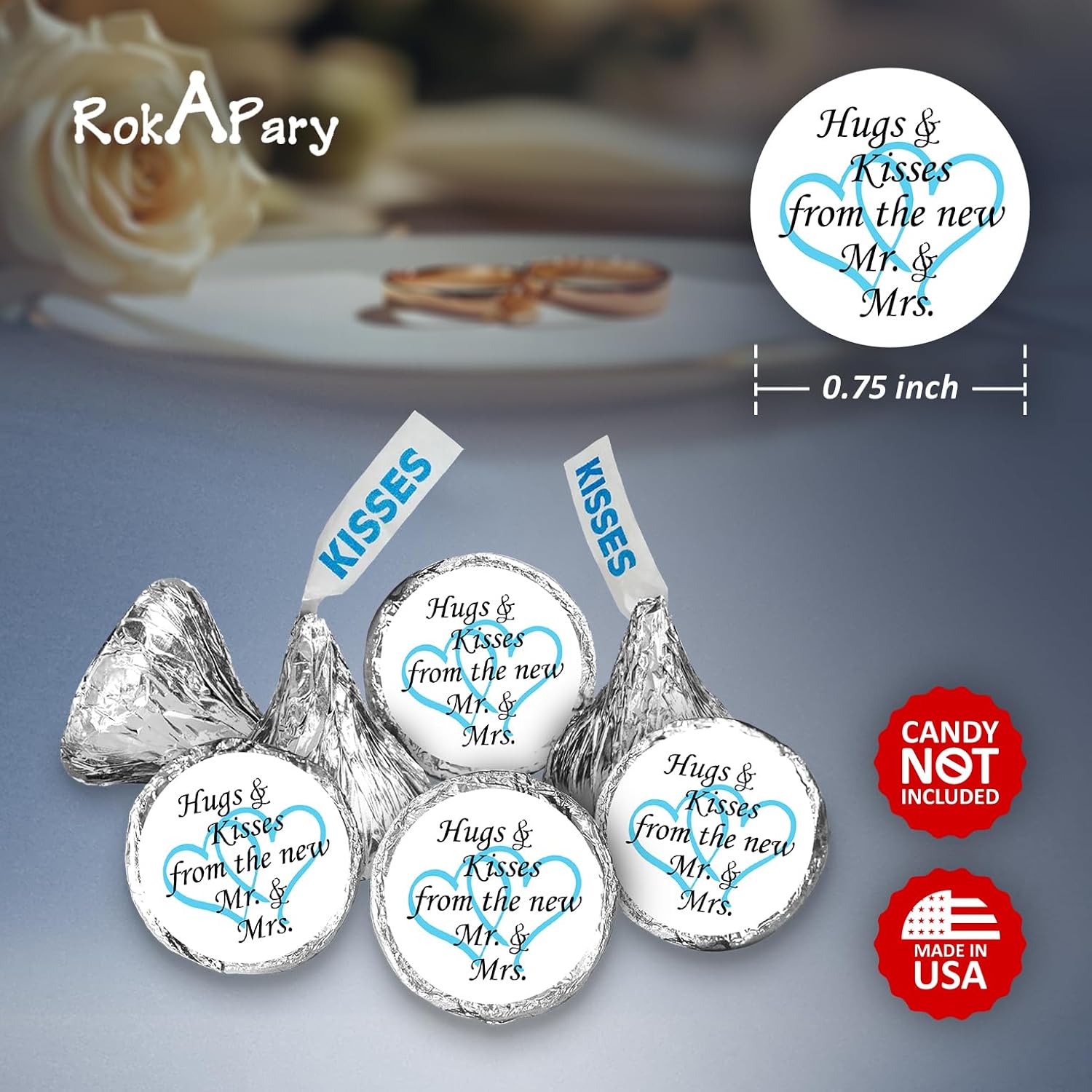 324 Hugs and Kisses from the new Mr. & Mrs. Interlocking Hearts Wedding Stickers, Chocolate Drops Labels For Bridal Shower Engagement Party Decorations, Favors Decor For Kiss. Made in USA (Light Blue) image 5