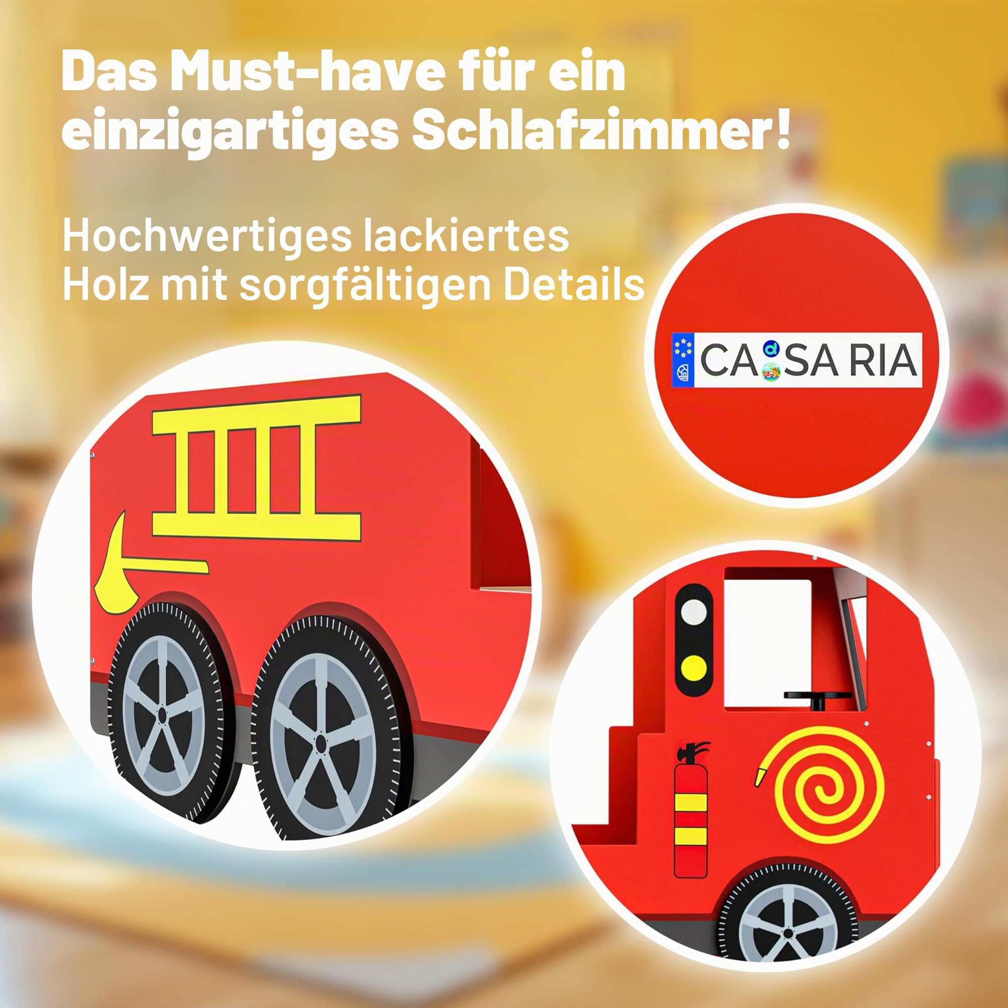CASARIA Kinderbett 90 x 200 cm mit Rausfallschutz Lattenrost 120 kg | Bis 120 kg belastbar, stabiles MDF-Verbundholz, mit Echtlicht Sirene, 3D Lenkrad, Feuerwehr-, Jugend-, Auto- Bett
